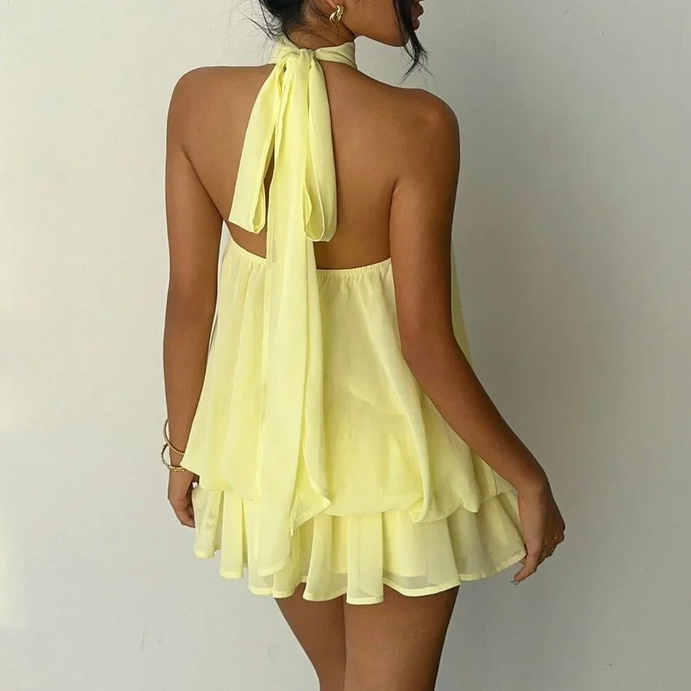 Light Yellow Elegant Women's Chiffon Mini Halter Dress - Picture 2 of 7
